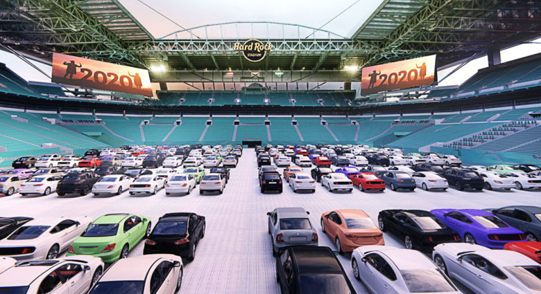 Hard Rock Stadium||Simulación de un plano cenital del Hard Rock Stadium lleno de coches.||Espacio al aire libre para disfrutar del teatro y otros eventos. / Fotos: Hard Rock Stadium